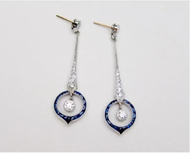 Art Deco Style Round Simulated Diamond & Sapphire Earring 14K White Gold Plated