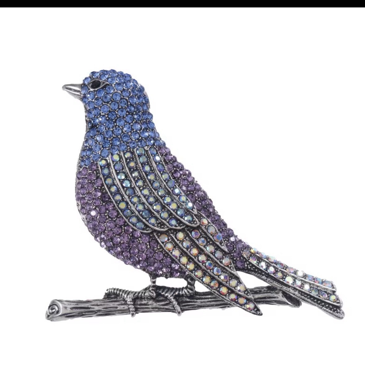 Rhinestone Bird Brooch Blue Purple Crystal Pin Vintage Style Statement