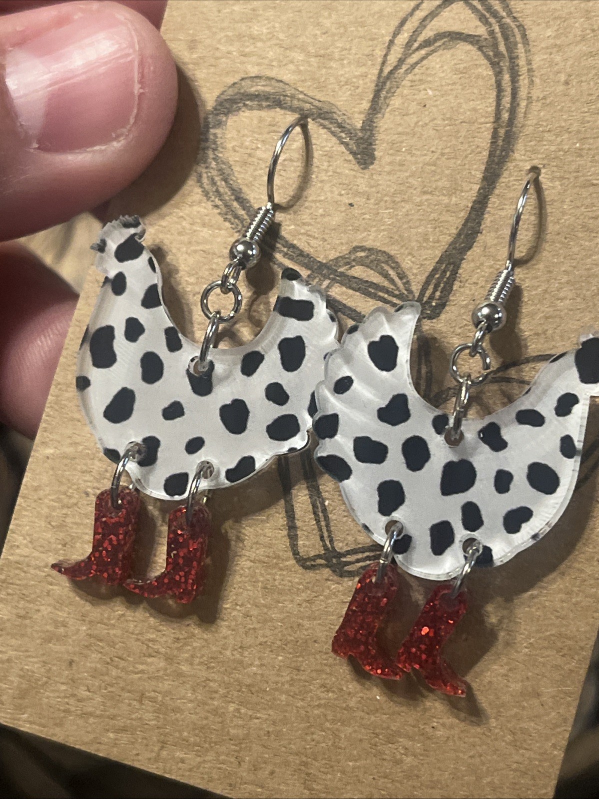 Black & White Chicken & Red Boots Earrings