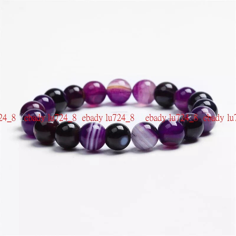 Fashion 6/8/10/12mm Purple Striped Agate Gems Round Beads Elastic Bracelet 7-9″