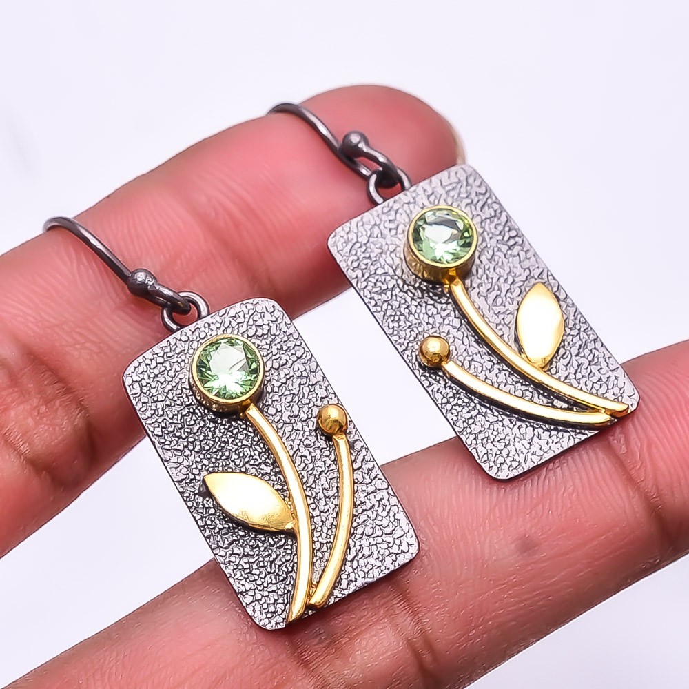 Green Amethyst Gemstone Gemstone 925 Silver Black & Gold Plated Earring 1.56″ E8
