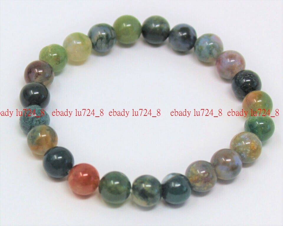Exquisite Indian Agate 8mm Gemstone Round Beads Stretch Bracelet 7-9” Strand