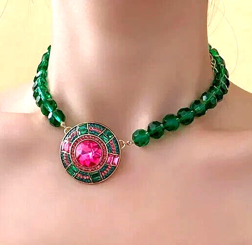 Vibrant Green Pink JEWEL Rhinestone Bead Betsey Johnson Necklace Earrings SET
