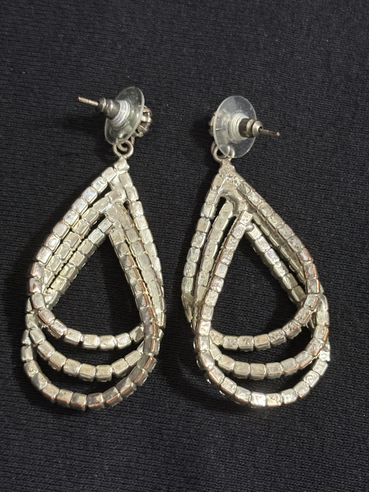 Vintage Rhinestone Teardrop Dangle Earrings Silver Tone Open Drop Statement
