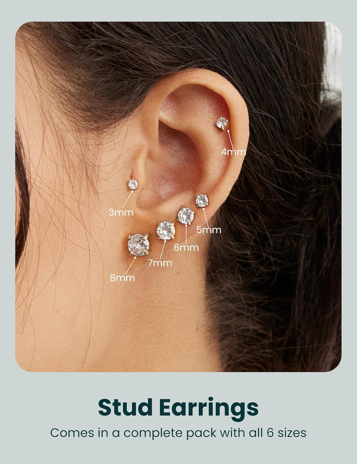 6 Pairs Hypoallergenic Cubic Zirconia Earrings Surgical Steel Flat Back Studs fo