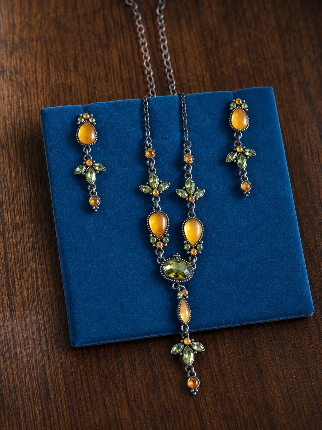 Vintage Necklace & Earrings Set Amber Green Rhinestone Gunmetal Tone Statement