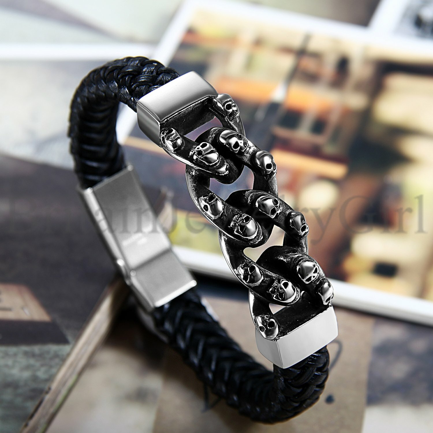9.1″ Punk Rock Mens Black Leather Skull Intersect Wristband Bracelet Bangle Cuff