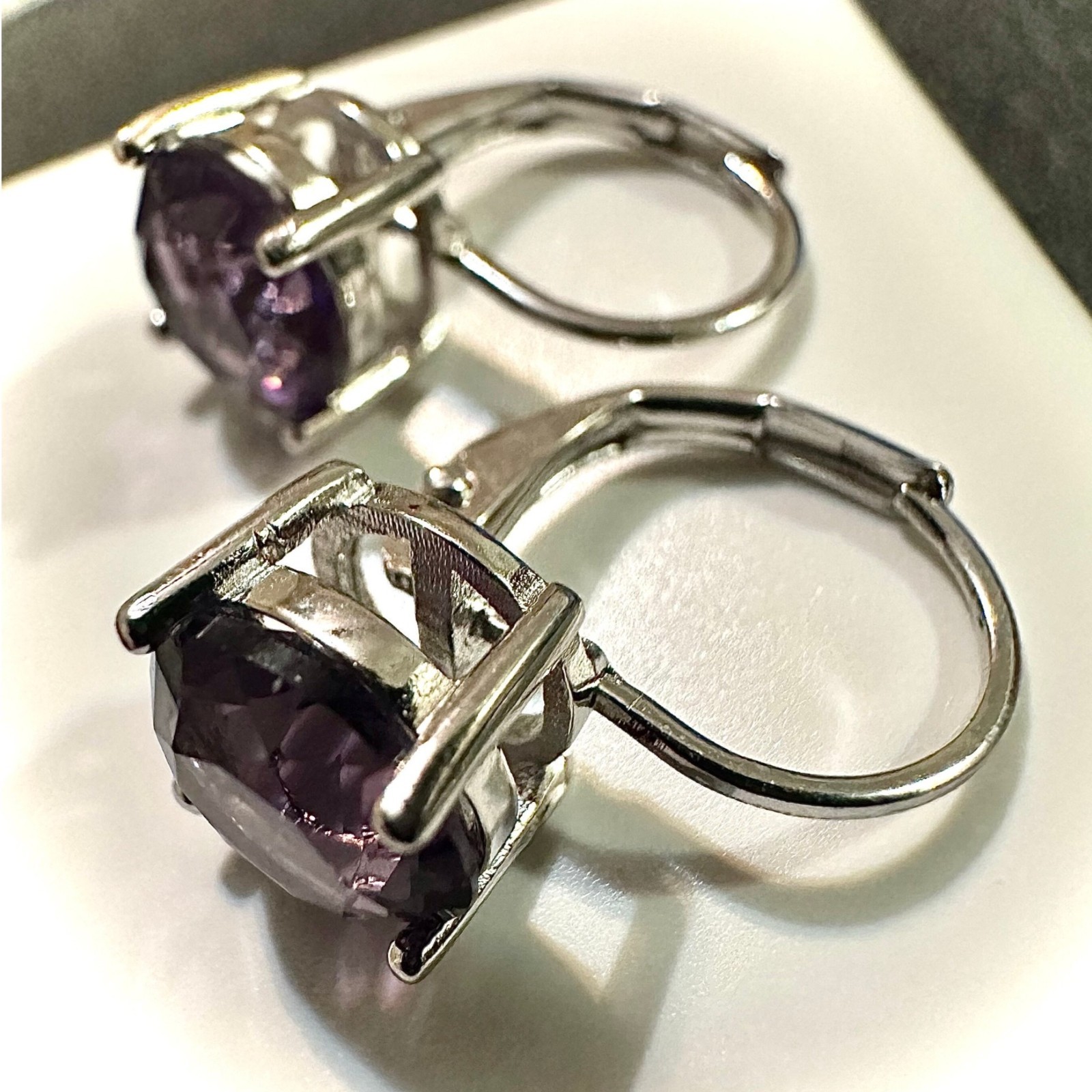 Amethyst CZ Leverback Earrings 6mm Silver Plated Purple Drop Earrings