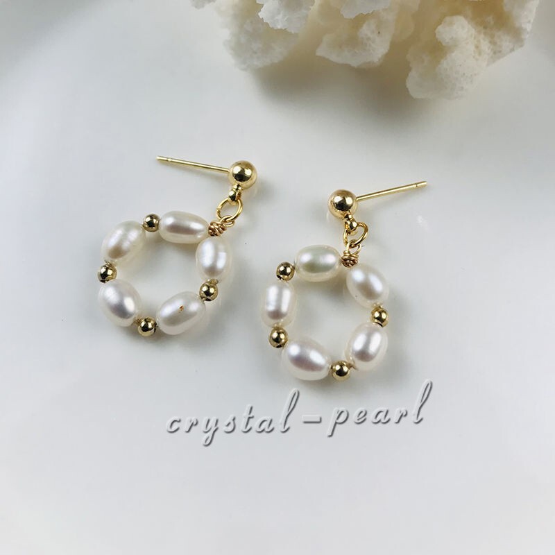 Genuine AAA natural Akoya white pearl dangle earrings 14k yelllow gold P