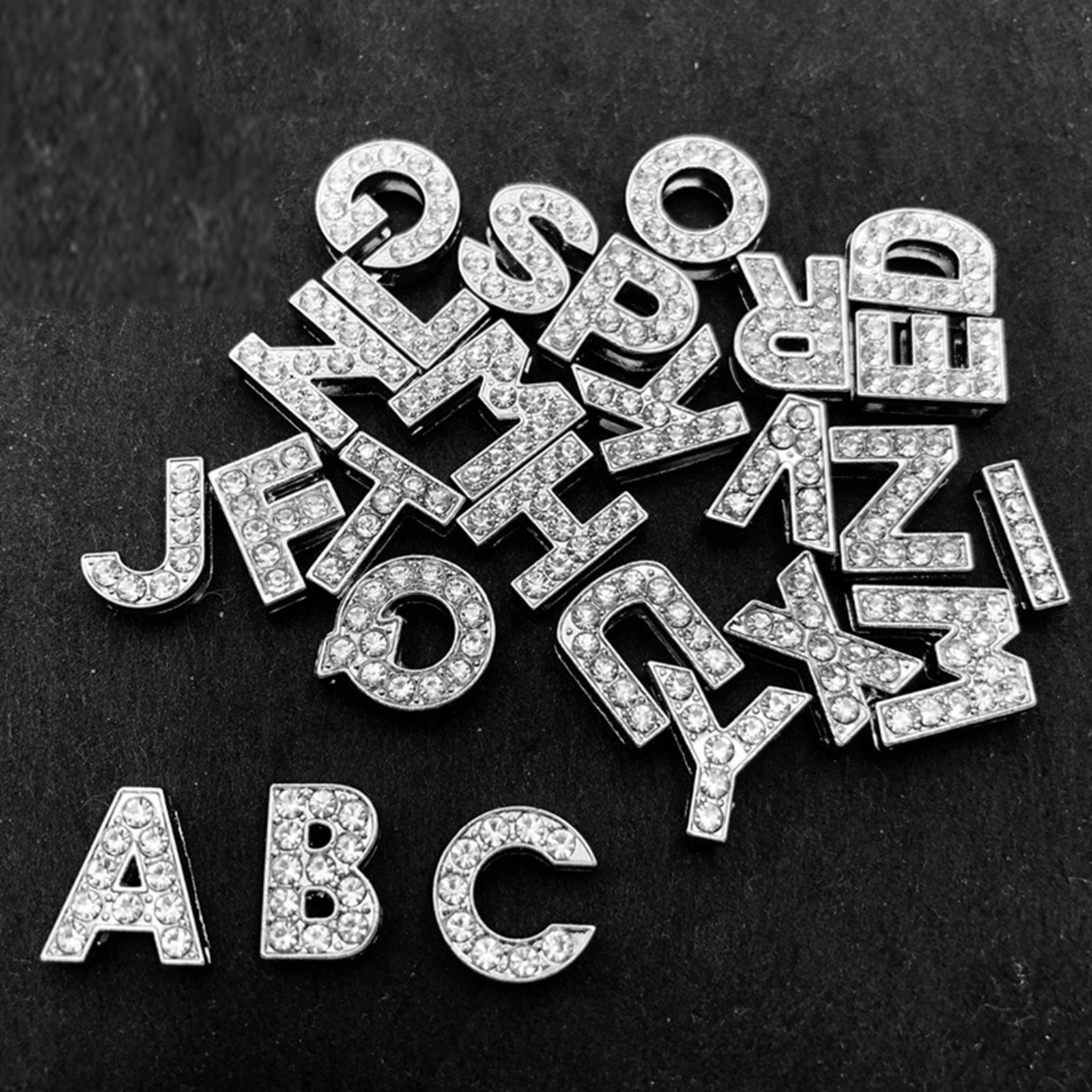 5 Pcs Silver Larger Alloy Rhinestone Letter “A-Z” Slide Charm Fit 18mm Wristband