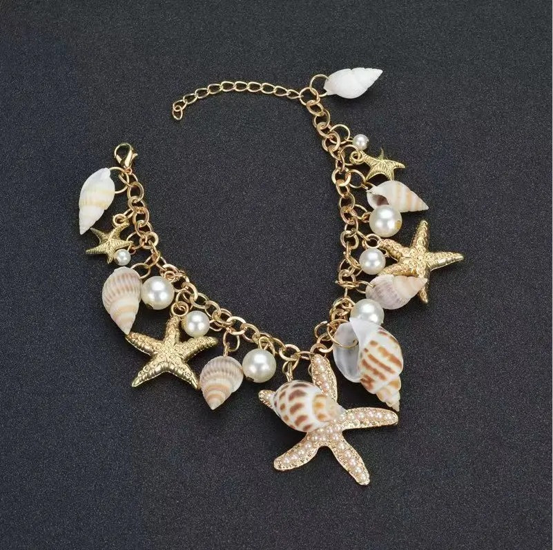 1pcs Gold Starfish & Conch Charm Bracelet – Pearl Accent Y2K Summer Jewelry