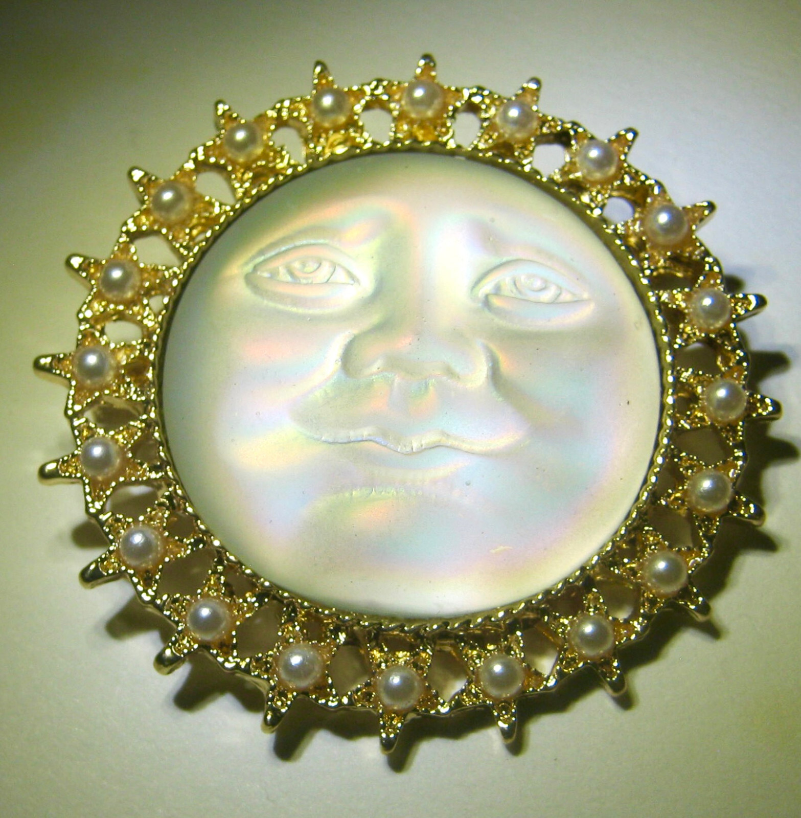 Moon Face Pin Glows in Blue Light Soft Satiny Glass, Faux Pearls