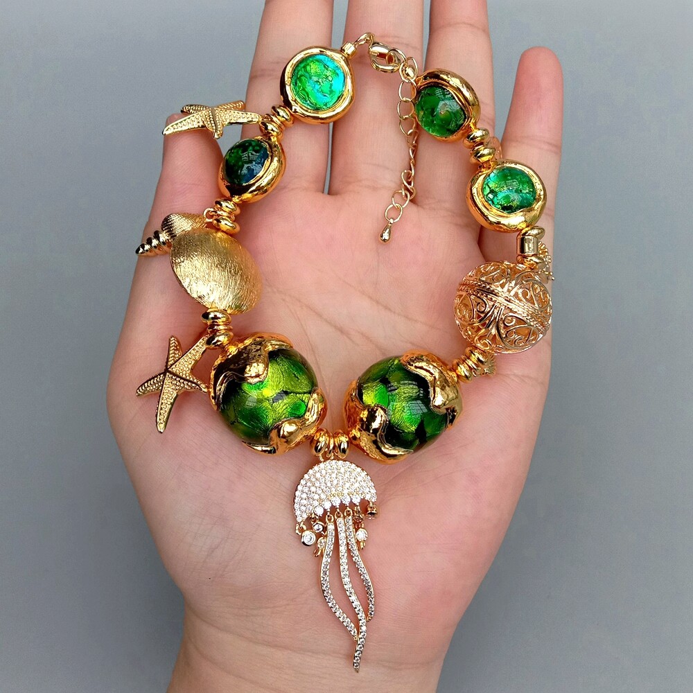 Green Murano Glass White Pearl Gold Plated Charm Beaded Bracelet Handmade