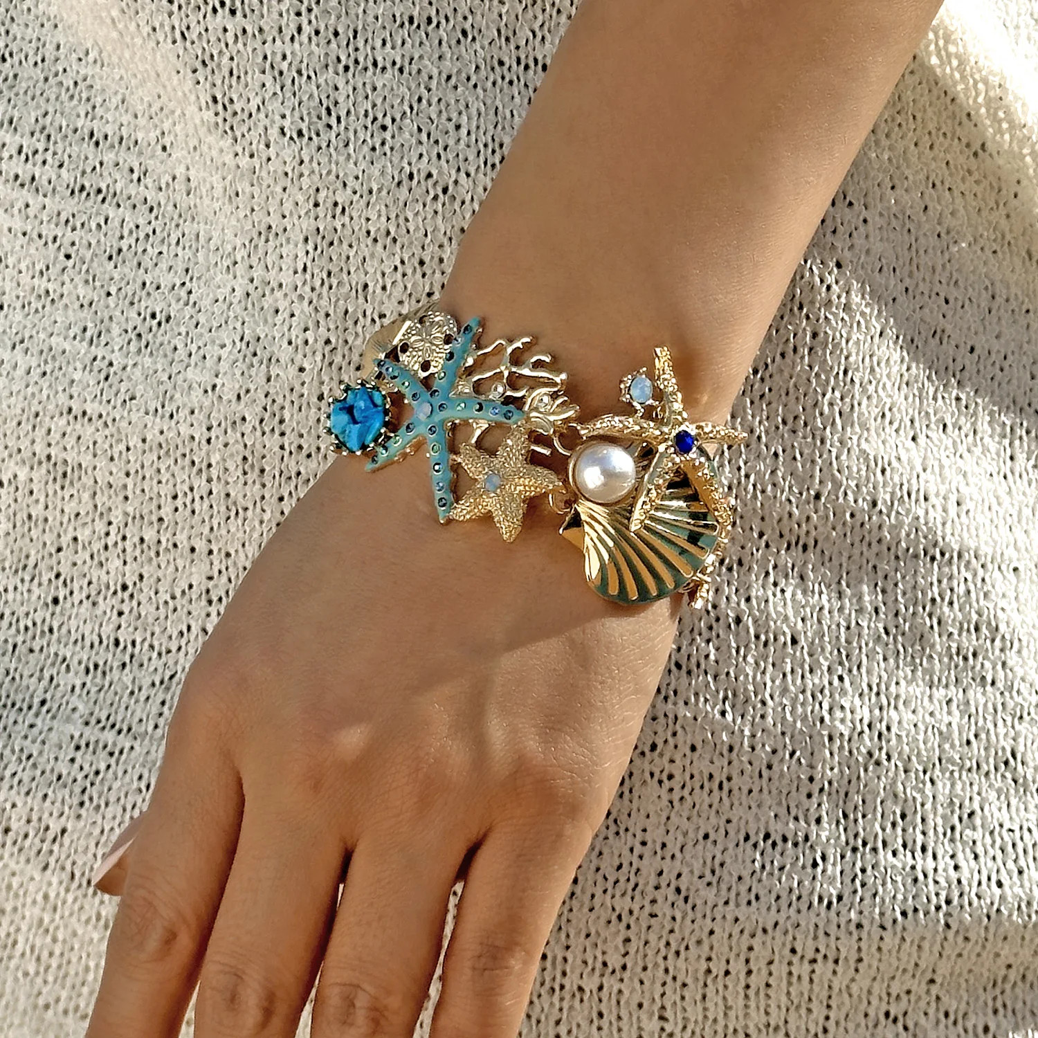 Boho Shiny Starfish Shell Coral Pearl Pendant Necklace For Women Crystal Zircon