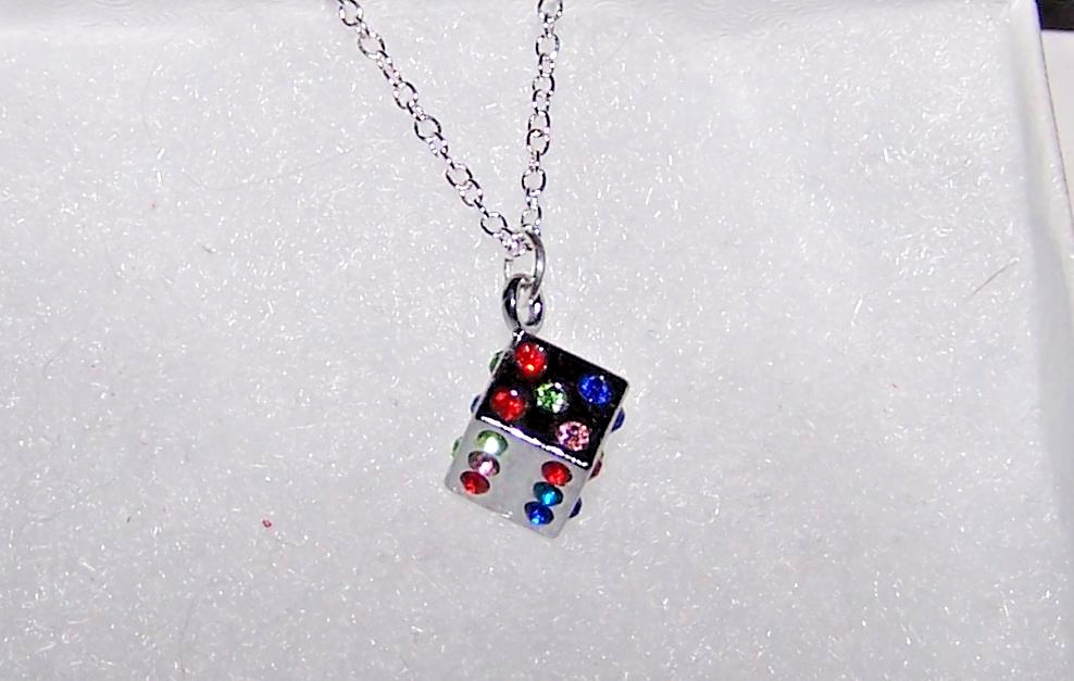 CRYSTAL DICE gamble PENDANT casino 925 sterling Silver 22″ necklace women luck