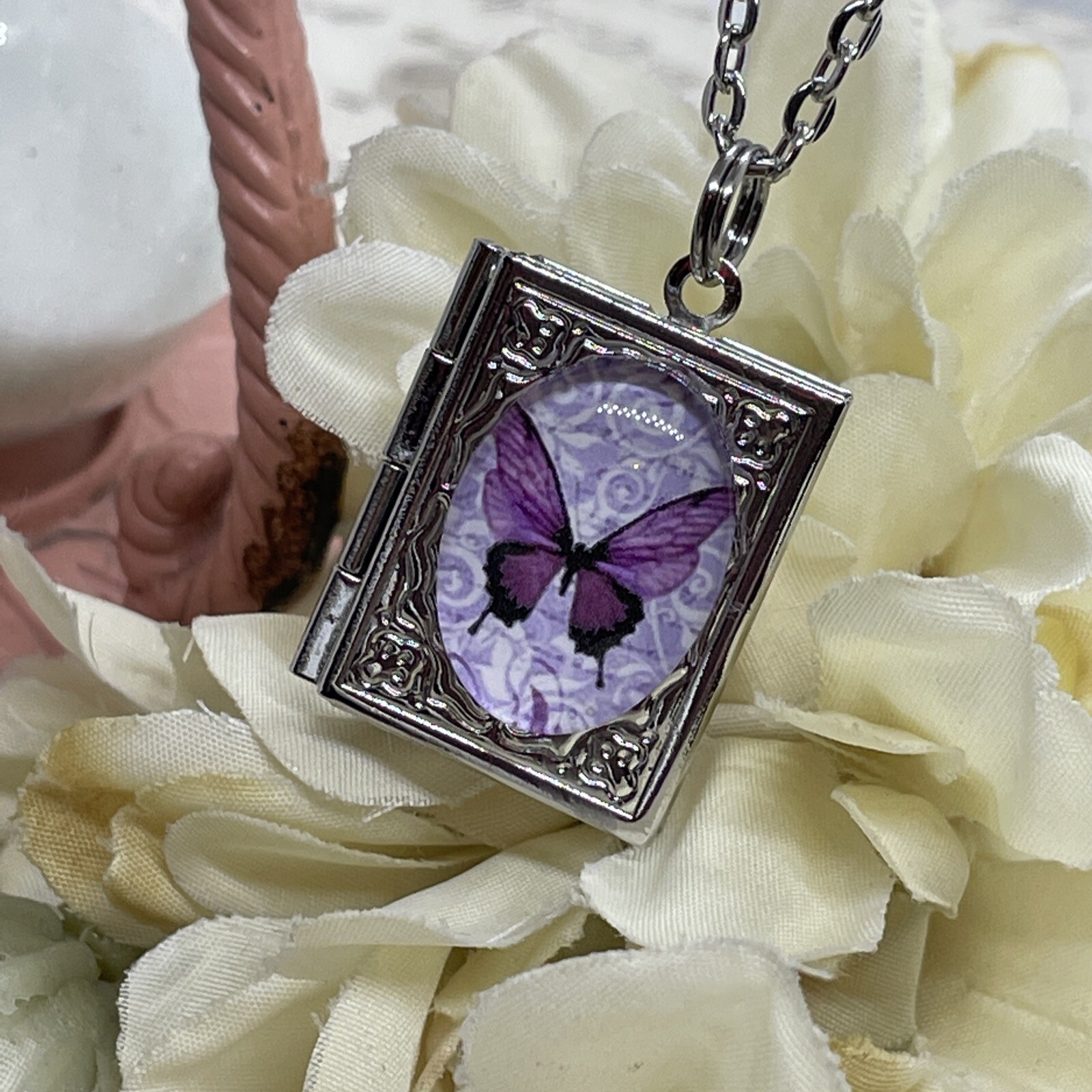 Silver Birthday anniversary purple BUTTERFLY book Locket pendant necklace photo