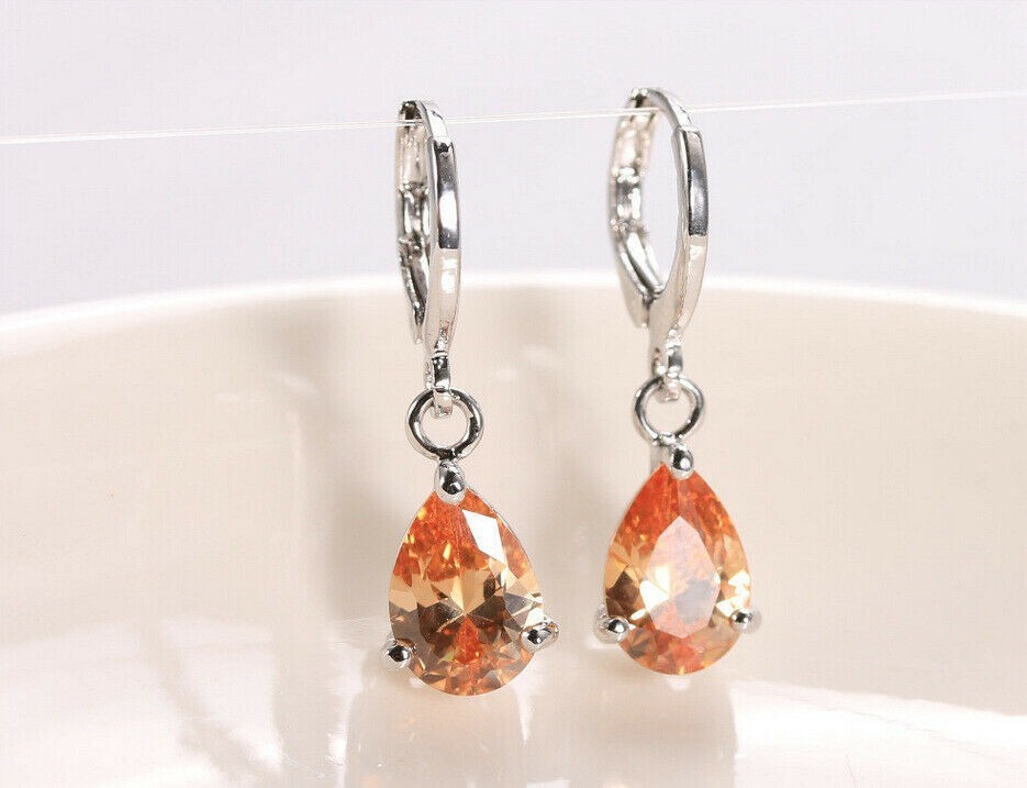 Pretty New Silver Plated Orange CZ Pear Shape Teardrop Leverback Dangle Earrings