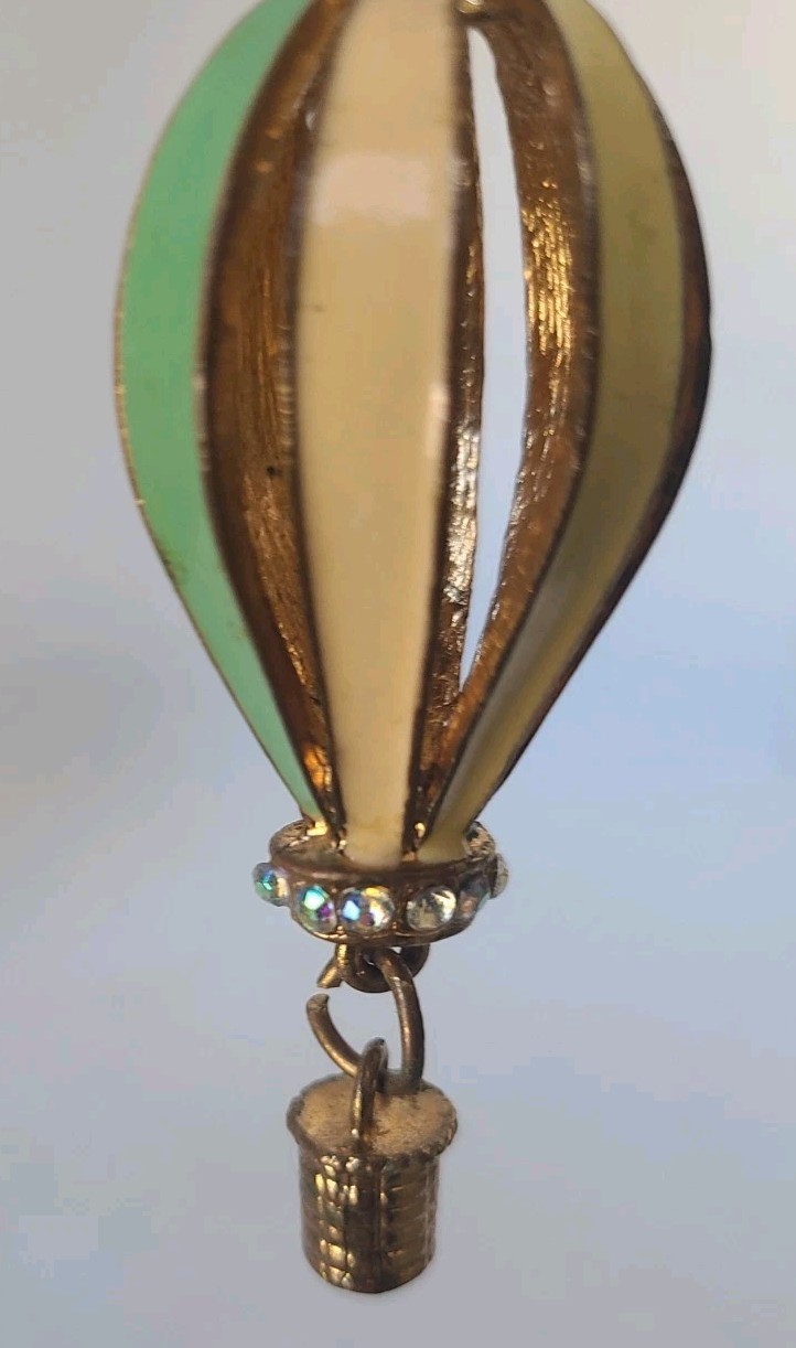 Vintage Gold Tone Enamel Metal Hot Air Ballon Pendant Necklace Rhinestones 15″