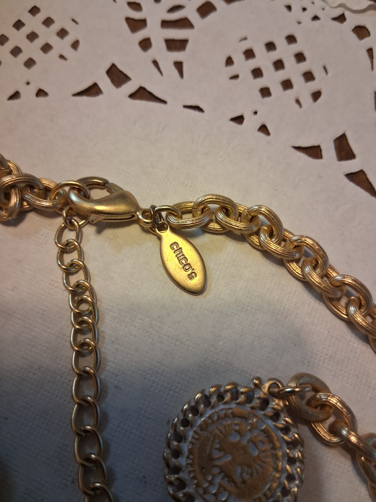 Chico’s Gold Tone Round Link Chain Coin Pendant Necklace White Beads Signed