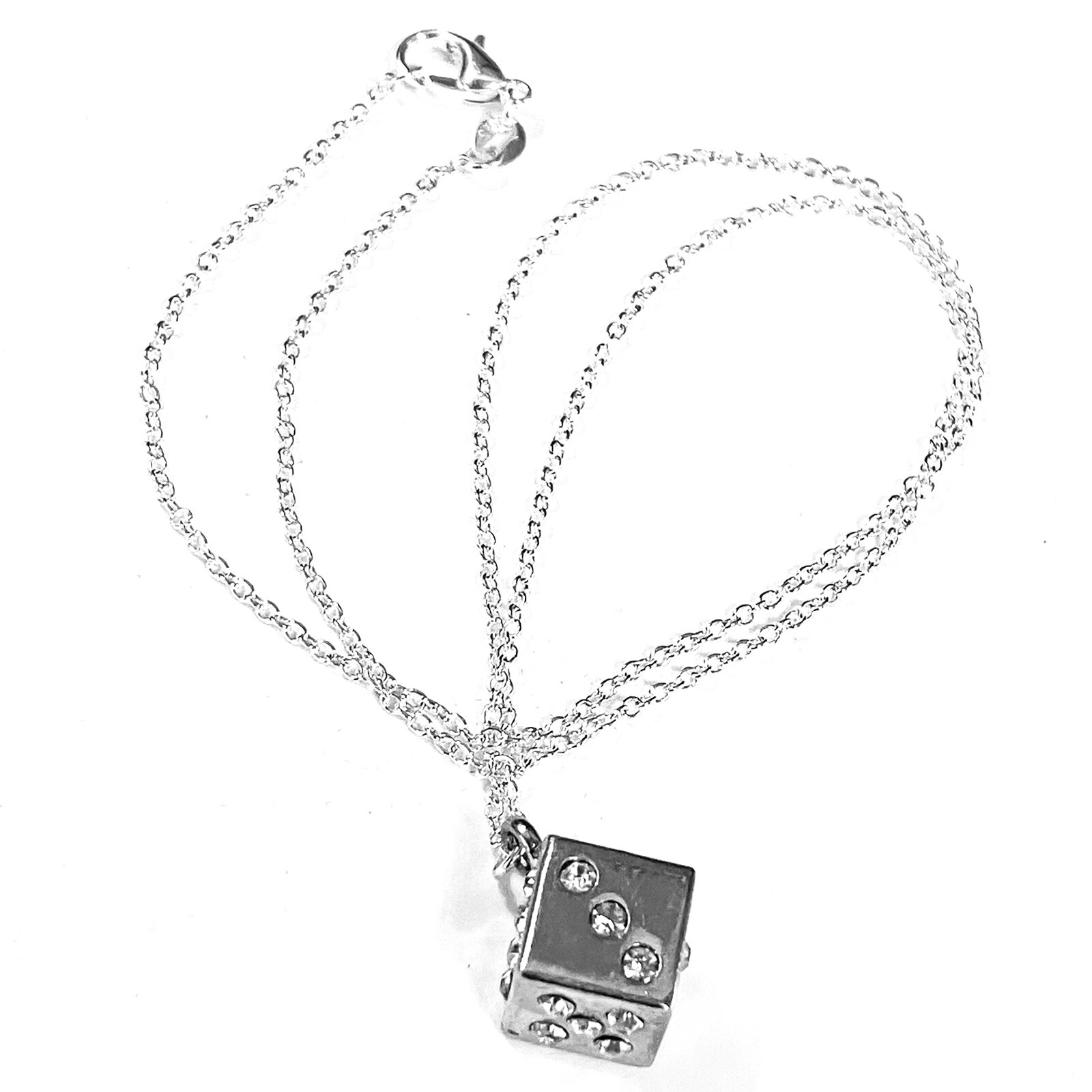 Silver Rhinestone Crystal Encrusted Dice Pendant Necklace on 18” Silver Chain