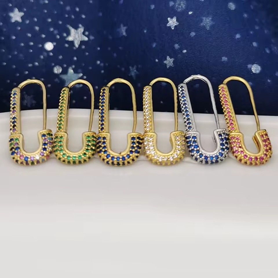 Brass Hoop Earrings Rhinestone Safety Pin Clip Gold Silver Red Green Blue Z313