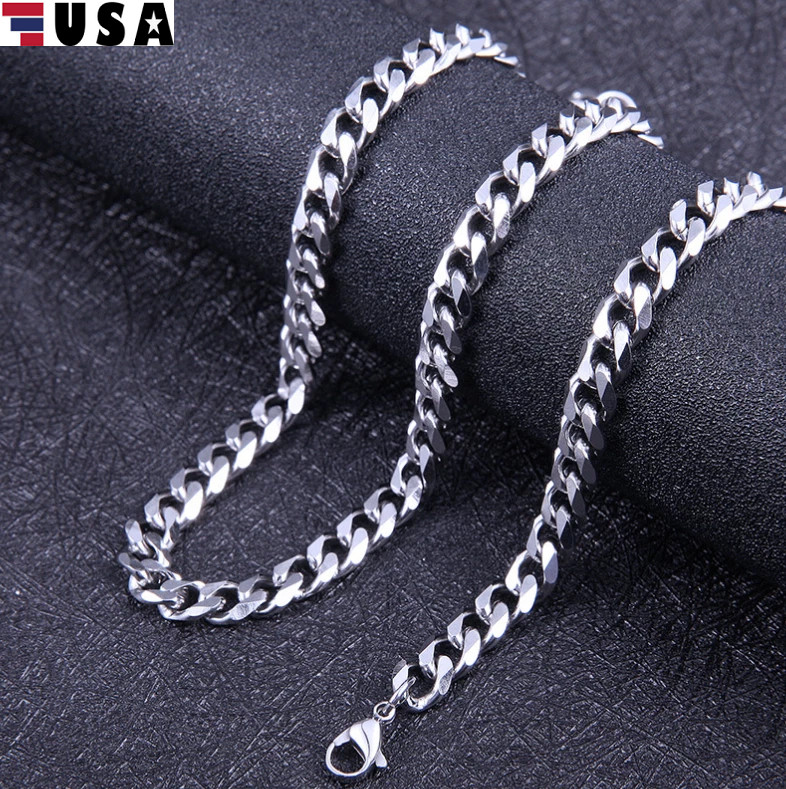 Stainless Steel Cuban Link Chain Necklace Men Chunky Curb Silver Tone Jewelry US