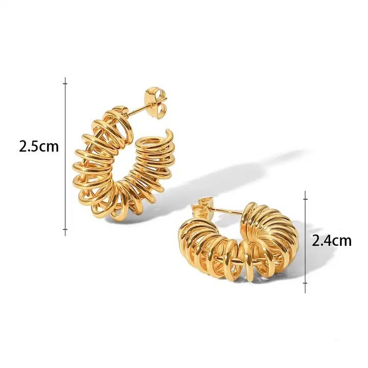 18K Gold Plated Spiral Wire C-Shaped Hoop Earring, Stainless Steel Jewelry