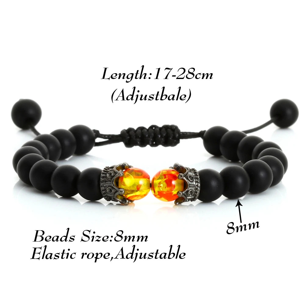 Handmade Adjustable Braided Bracelet Black Lava Stone Crown Tiger Eye Beads