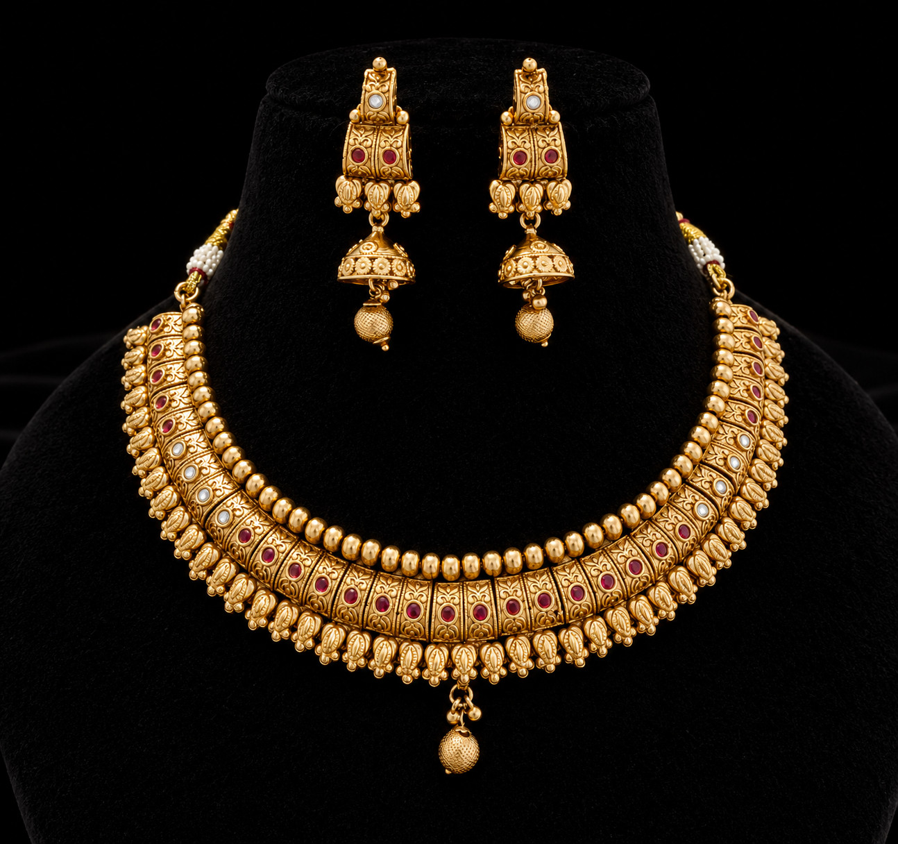 Rani Antique Gold Necklace Set with Traditional Jhumka Earrings Roz Jewellers.