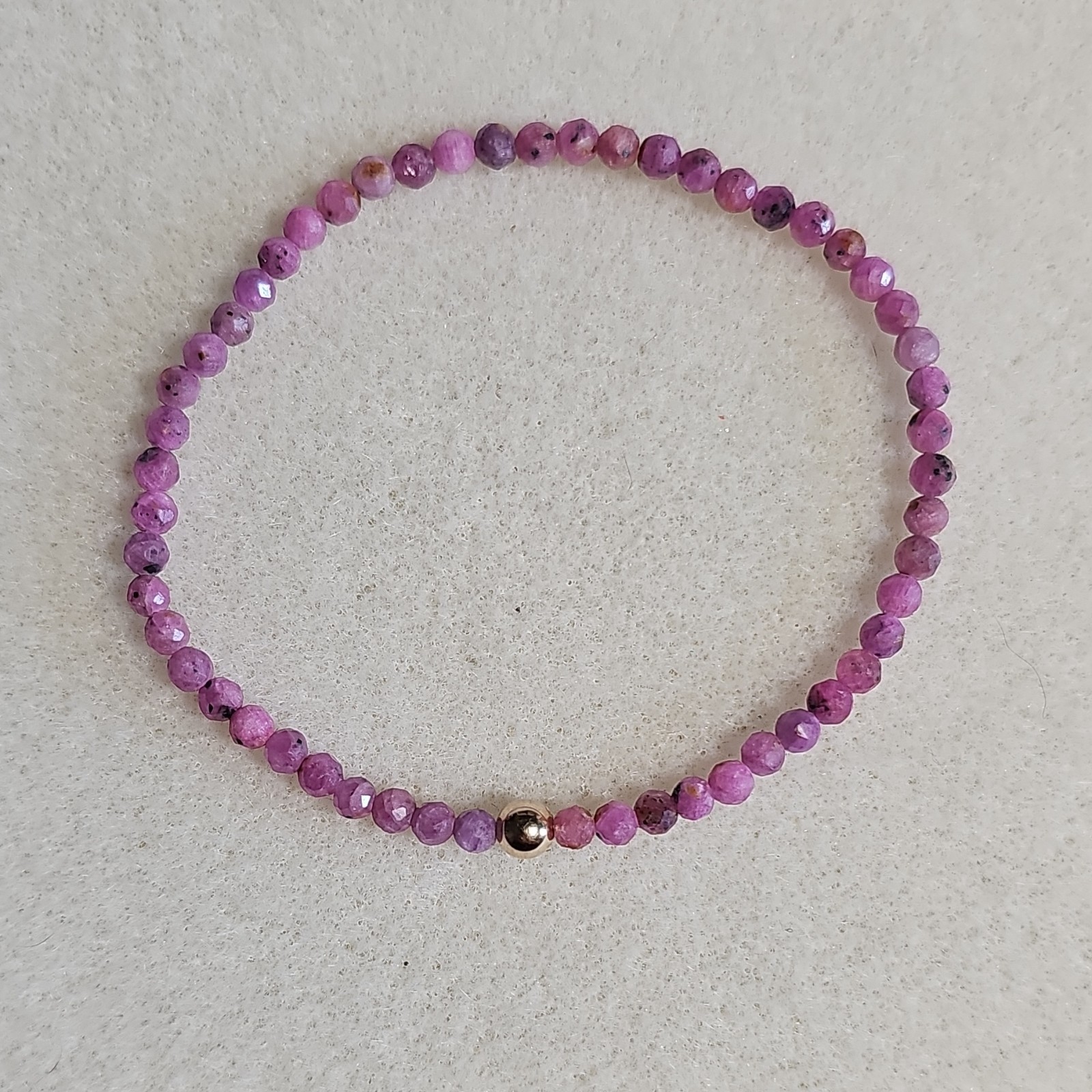 Faceted Ruby Beads Bracelet Round Beads with 10kt Gold Spacer Bead Stretchy