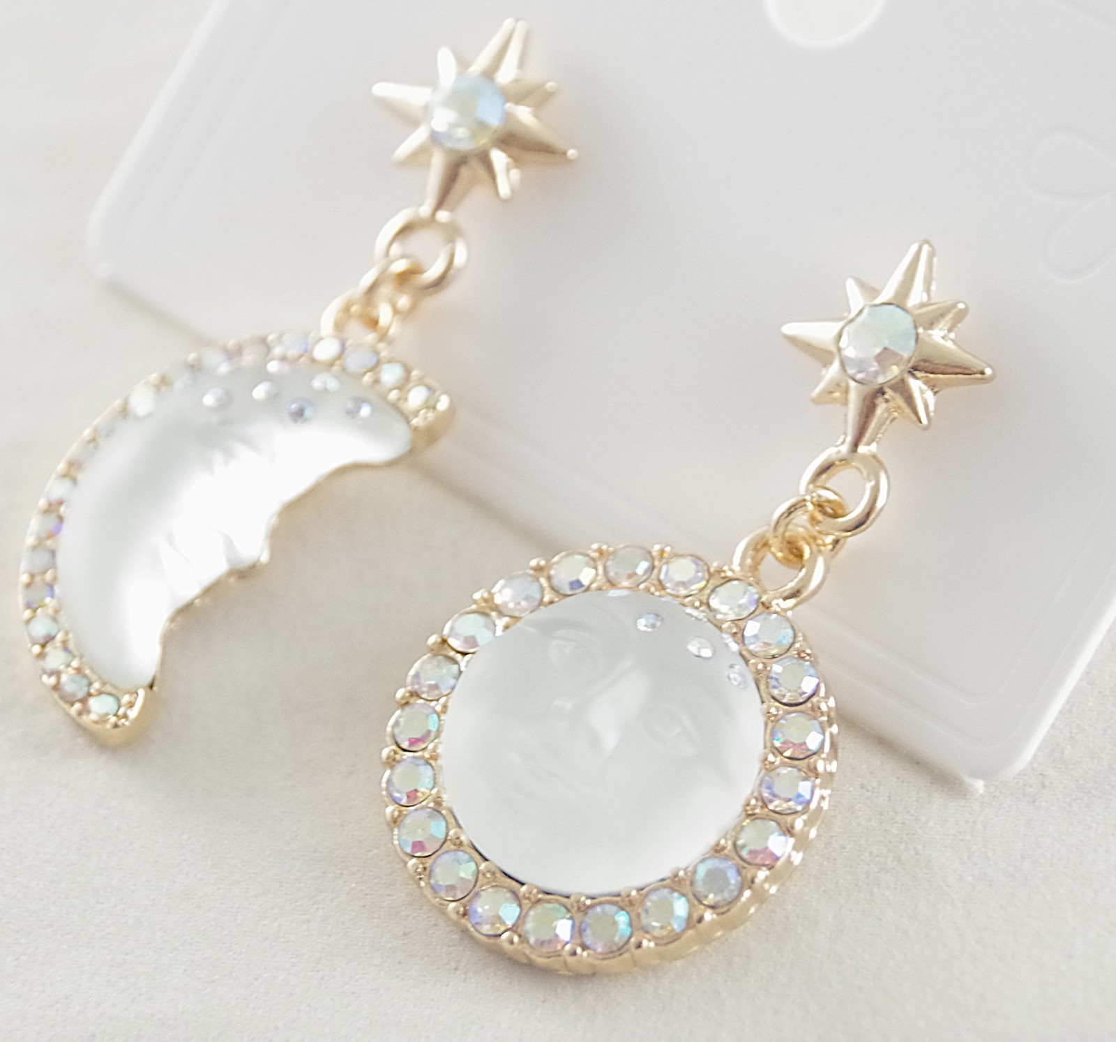 2″ KIRKS FOLLY WHITE SEAVIEW MOON FACE CRYSTAL RHINESTONE DROP DANGLE EARRINGS