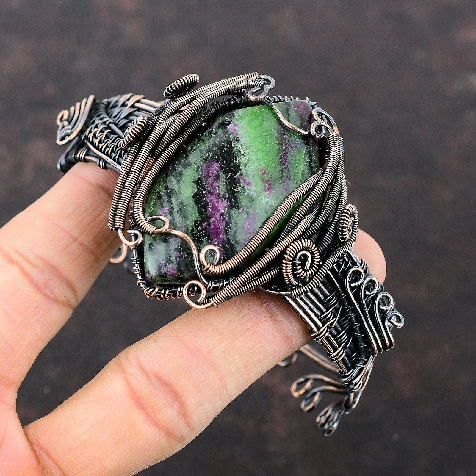 Ruby Zoisite Gemstone Jewelry Copper Valentine Gift Wire Wrapped Adjustable Cuff