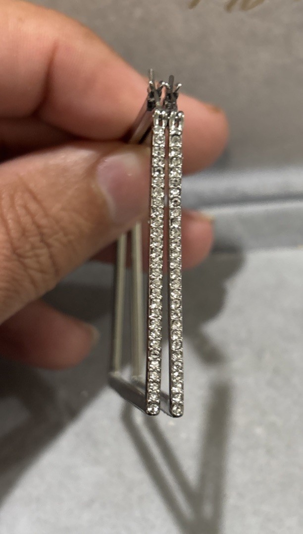 Karl Lagerfeld Paris Large Silver Tone Signature Crystal Paved Triangle Earrings