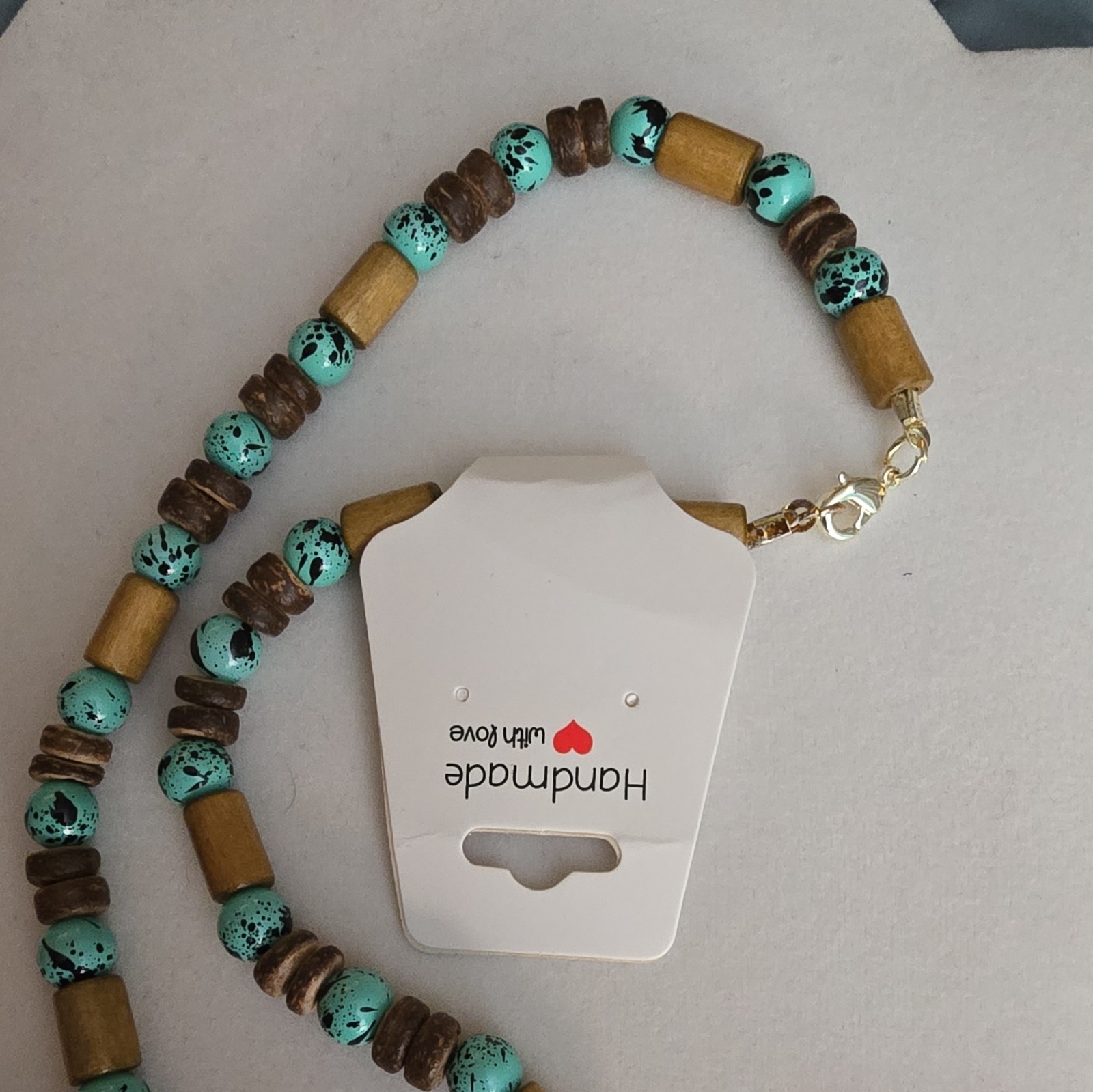 Handmade Resin Shark Tooth Pendant Beaded Necklace, Turquoise Brown Wood Beads