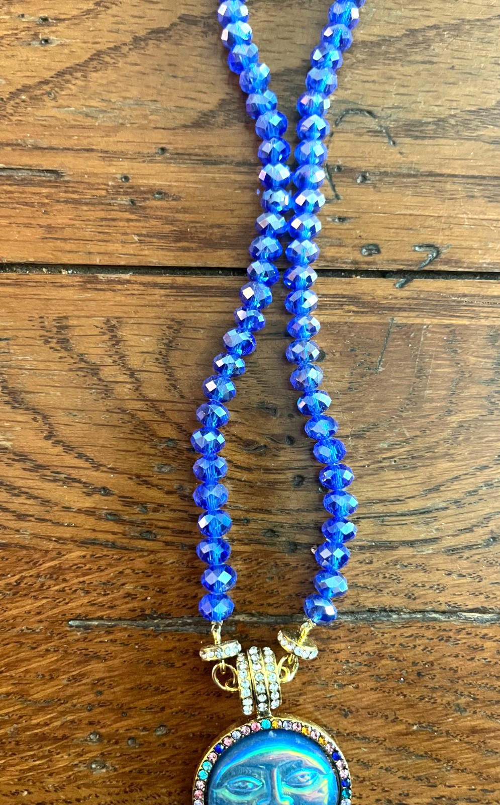 Celestial Man in the Moon Face Sun AB Crystal Glass Blue Beaded Necklace