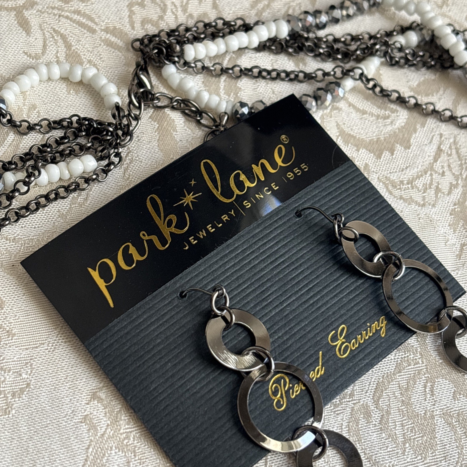 Park Lane Chic Earrings Hematite Tone Interlocking Circles & Unsigned Necklace