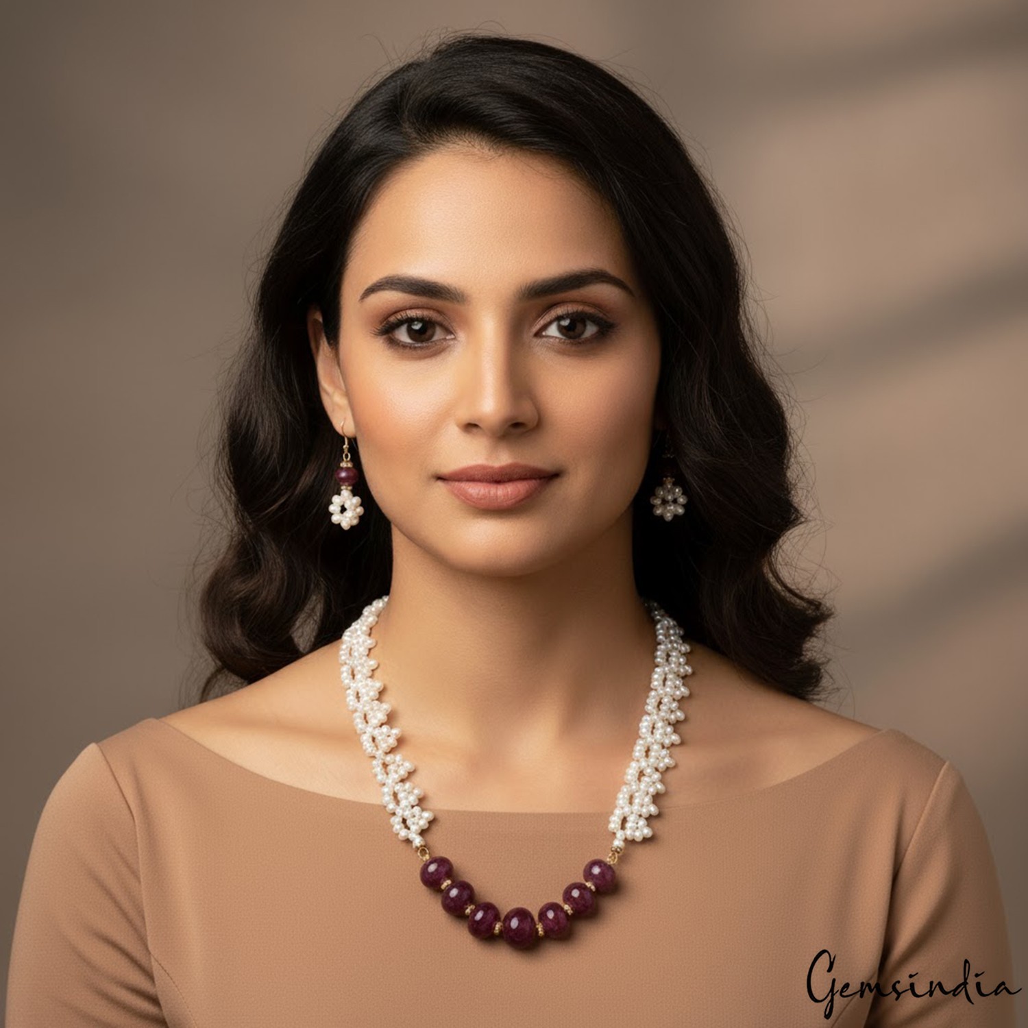 450 Ct Natural Freshwater Pearl & Ruby Beaded Handmade Necklace & Earrings 24″