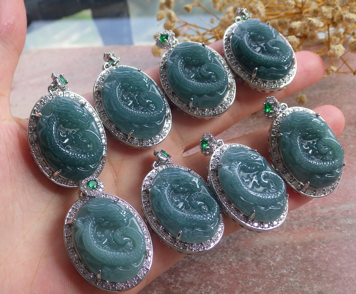 1Pcs Icy Green Burma 100% Natural A Jade jadeite Pendant Dragon Necklace 680352