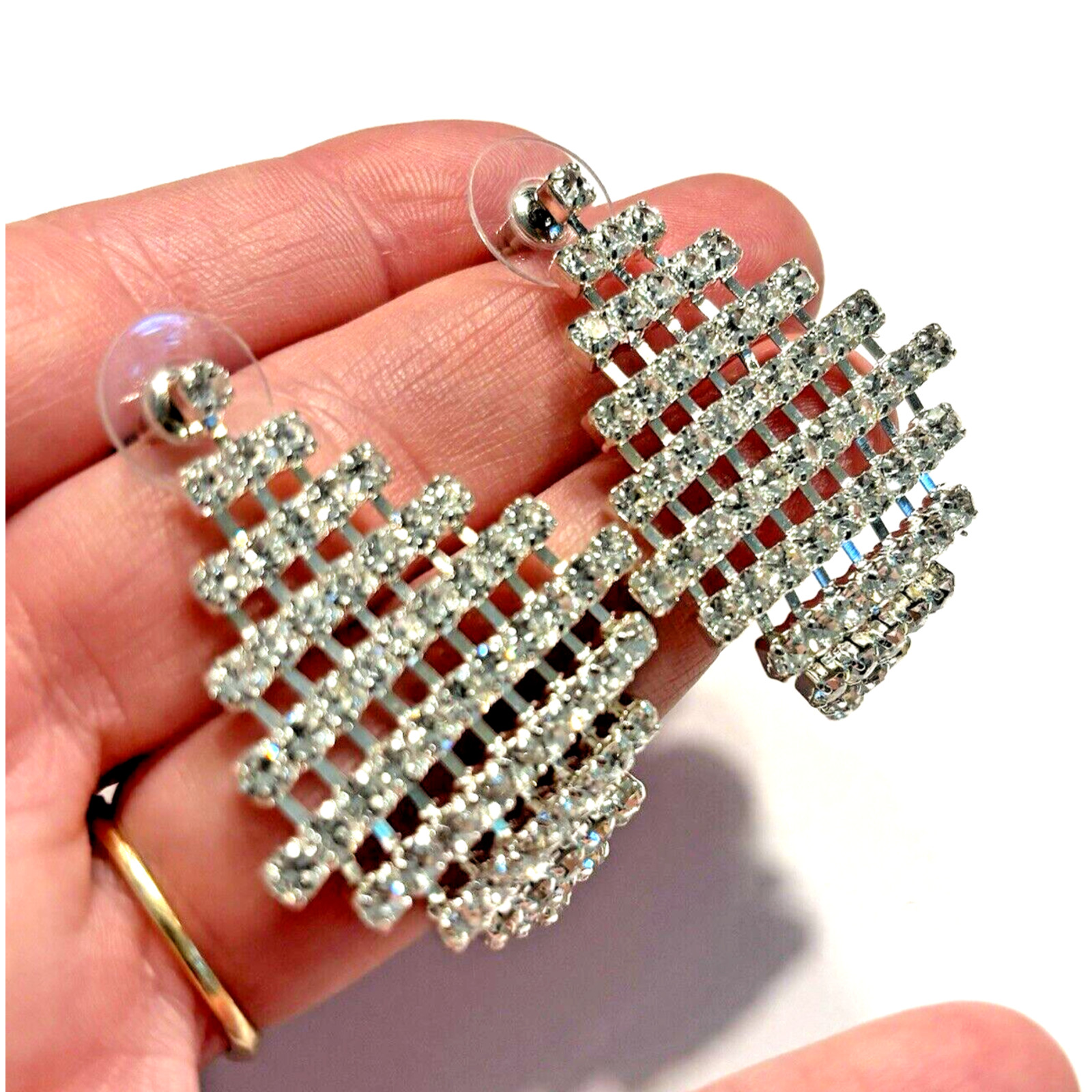 Silver Pierced Earrings Clear White Rhinestones Mesh Drop & Dangle Disco Fashion