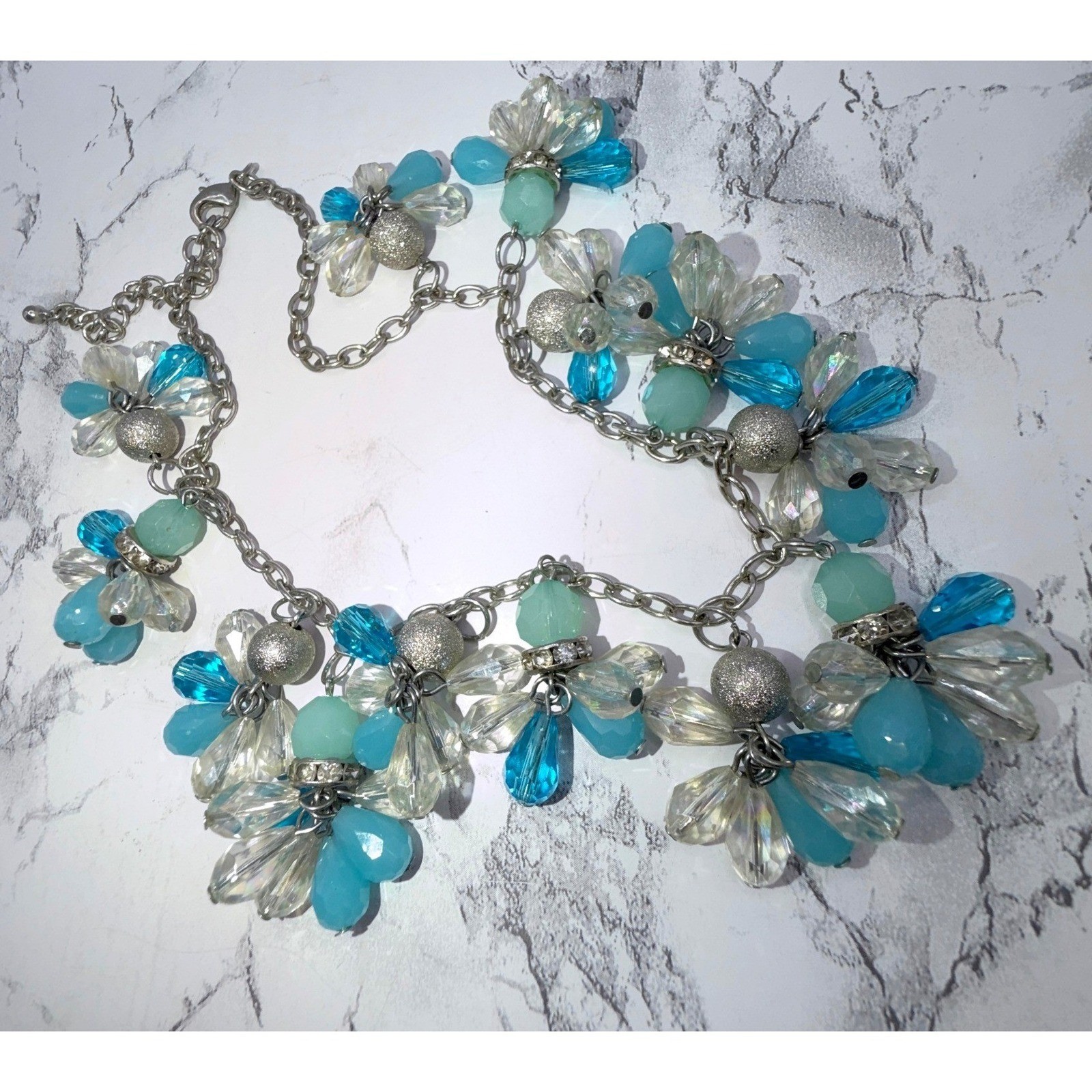 Blue Teal Clear Faceted Cluster Bead Necklace Silver Tone Chain 16-19″