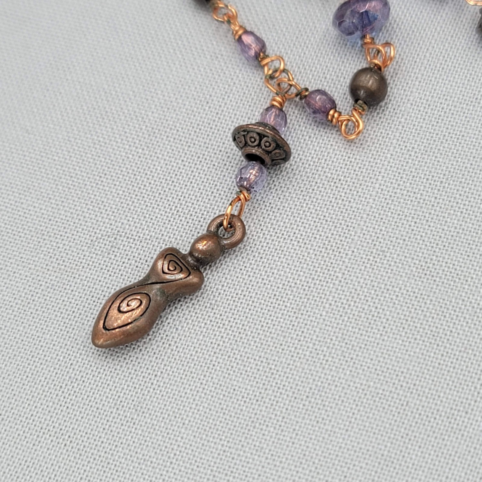 Y Drop Beaded Necklace Copper tone Female Goddess Pendant 18″