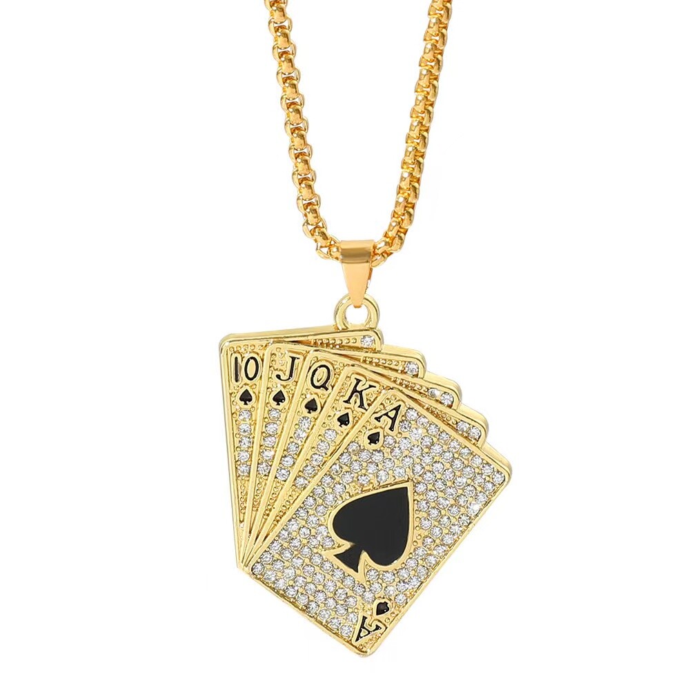 Mens Gold Playing Card CZ Poker Pendant Necklace Punk Hip Hop Jewelry Chain 24″