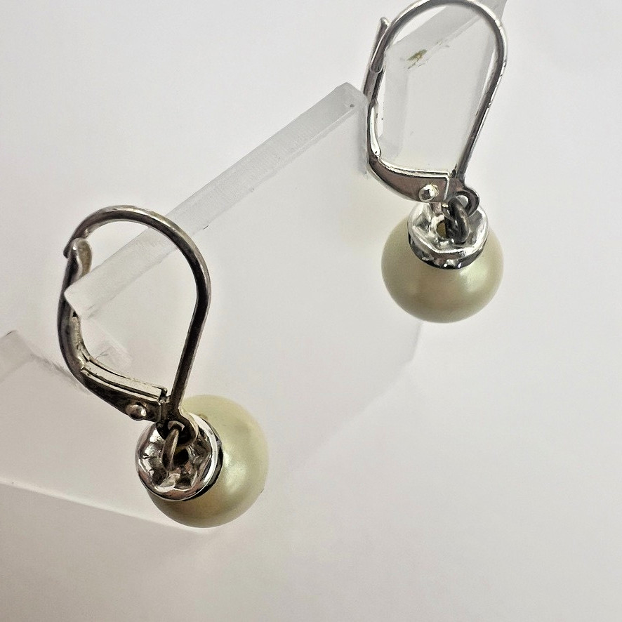 Elegant Pearl Drop Leverback Earrings Rhinestone Rondelles Accents Silver Bridal