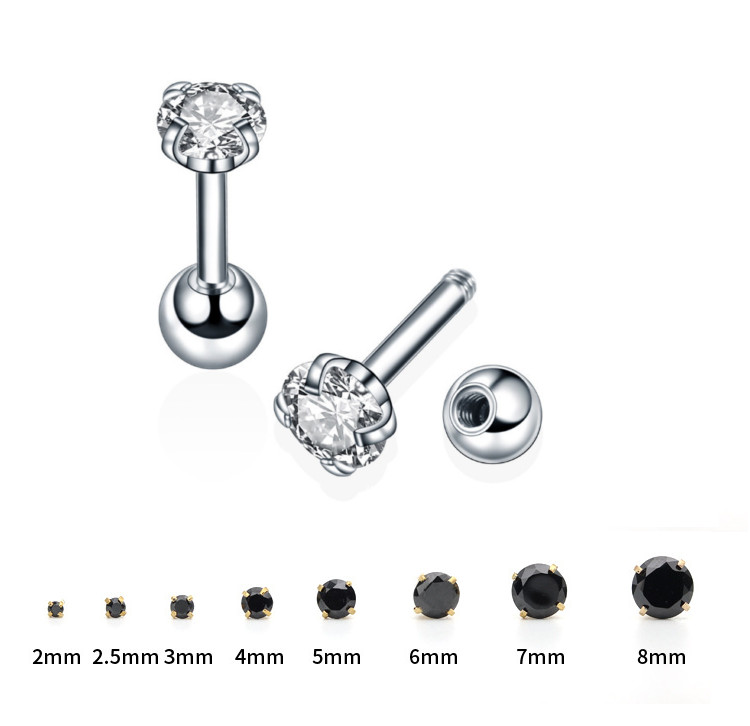 2Pcs Silver Gold Stainless Steel Round CZ Screw Back Stud Earrings for Women Men