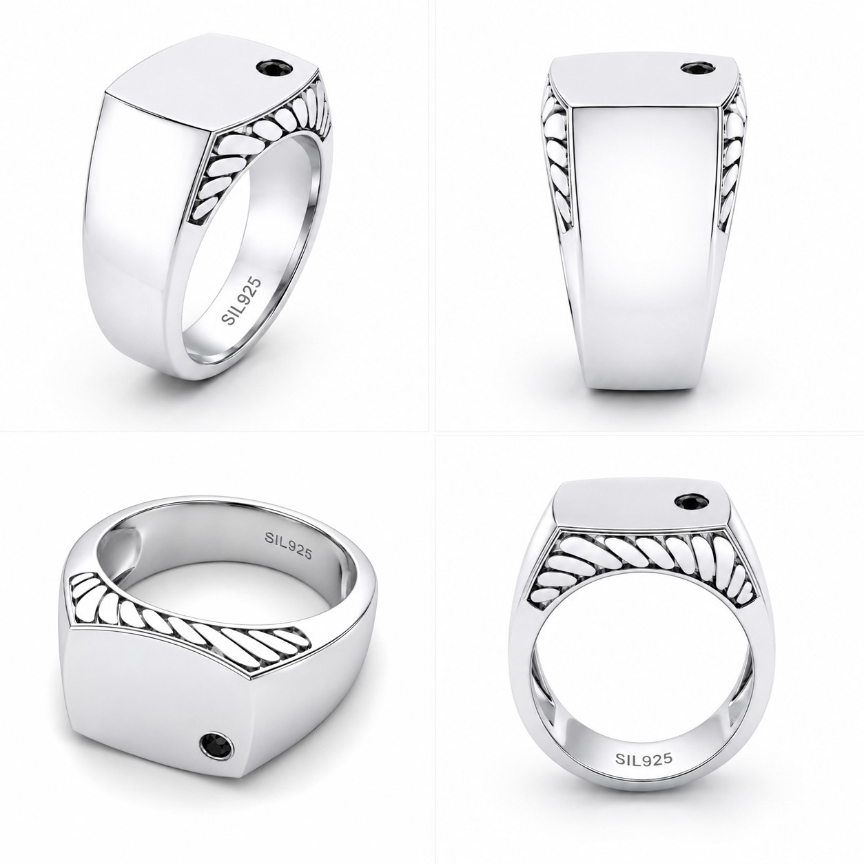 925 Sterling Silver Black Onyx Signet Ring Platinum Finish Custom Engraving