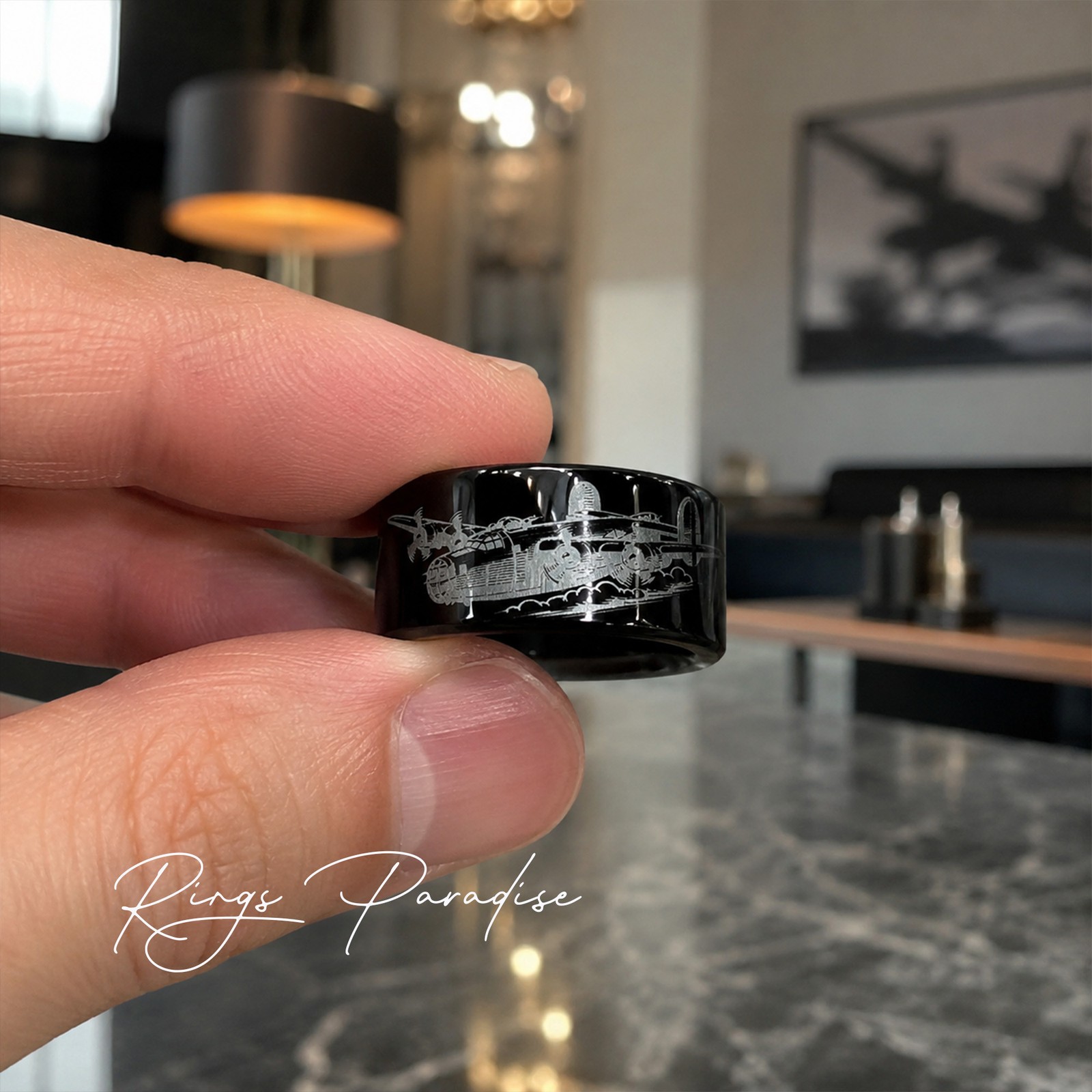 B-24 Airplane Tungsten Wedding Band with WWII Aviation Engraving – 8mm 10mm 12mm