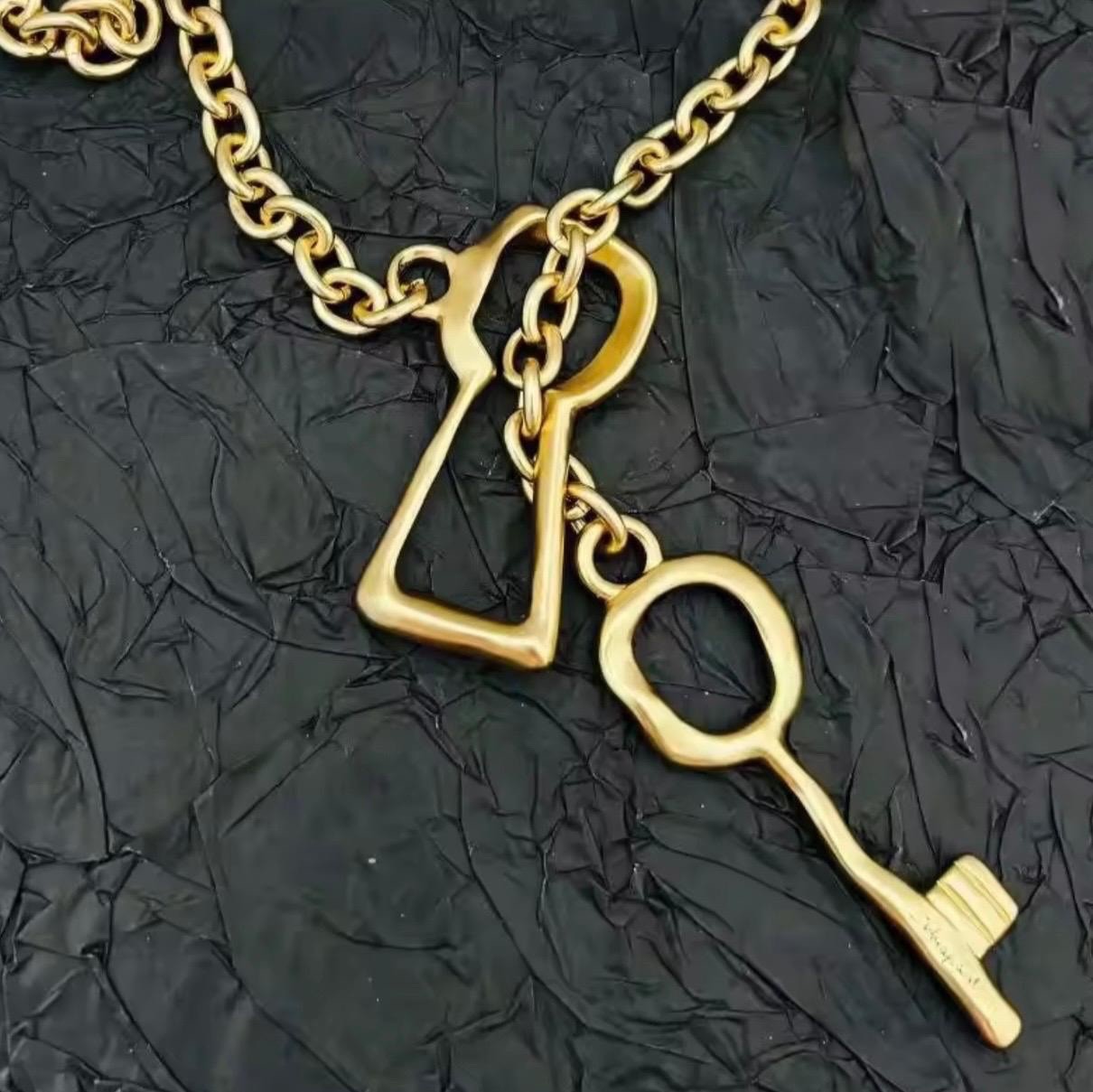 Gold Plated Satin Finish Key Pendant Necklace Vintage Style Statement Jewelry