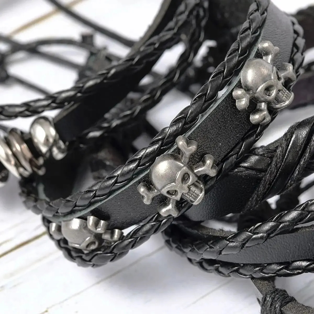6pcs/Set Black Punk Skull Star Shaped Alloy Pu Leather Bracelet Punk Hip Pop