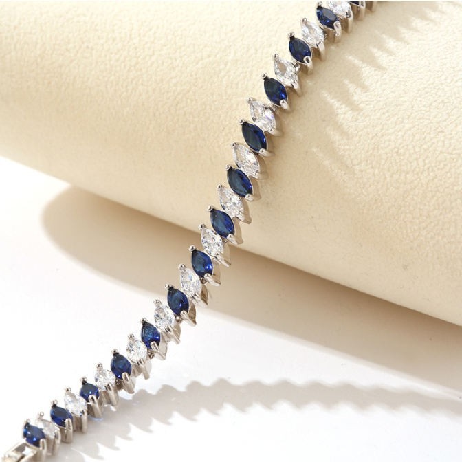 Elegant Blue White Marquise Tennis Bracelet Silver Tone Link Bracelet Gift Her