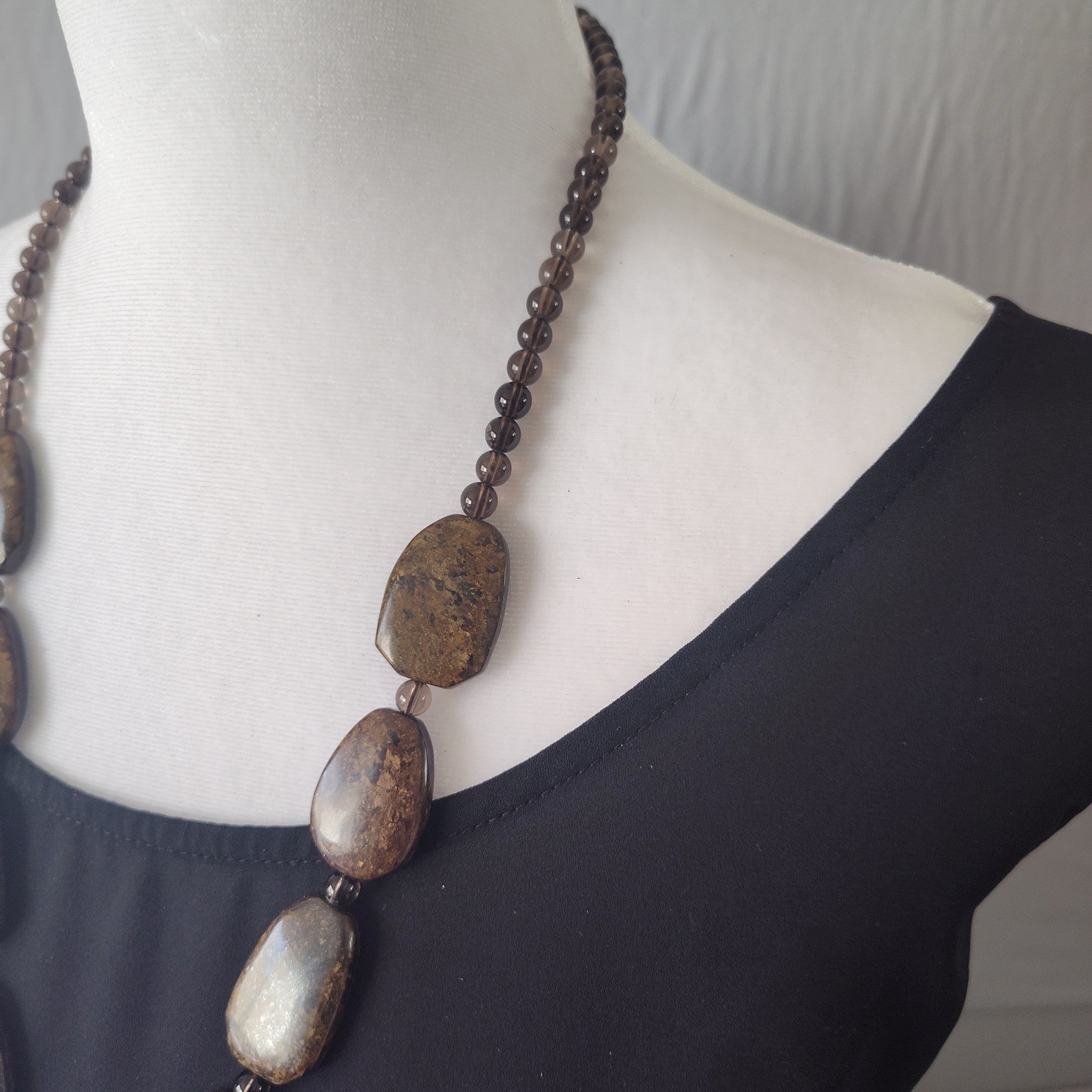 Natural Black Agate Slice & Brown Jasper Beaded Statement Necklace Earthy Brown